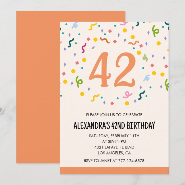 Simple Confetti 42nd birthday invitations Modern (Front/Back)