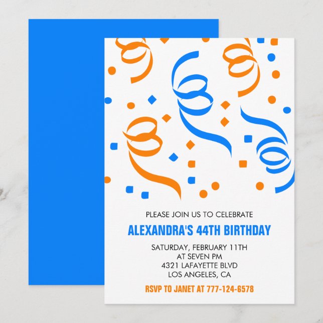 Simple Confetti 44th birthday invitations  Blue (Front/Back)