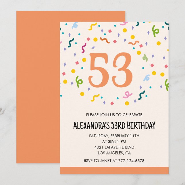 Simple Confetti 53rd birthday invitations Modern (Front/Back)