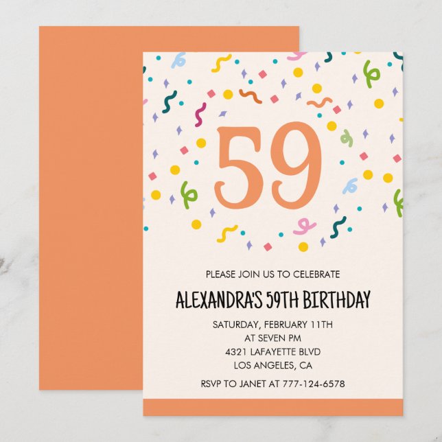 Simple Confetti 59th birthday invitations Modern (Front/Back)