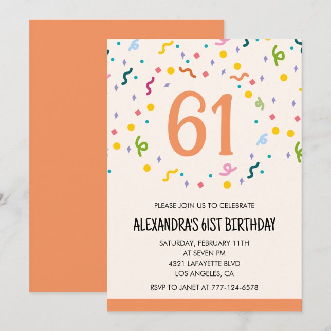 Simple Confetti 61st birthday invitations Modern (Front/Back)