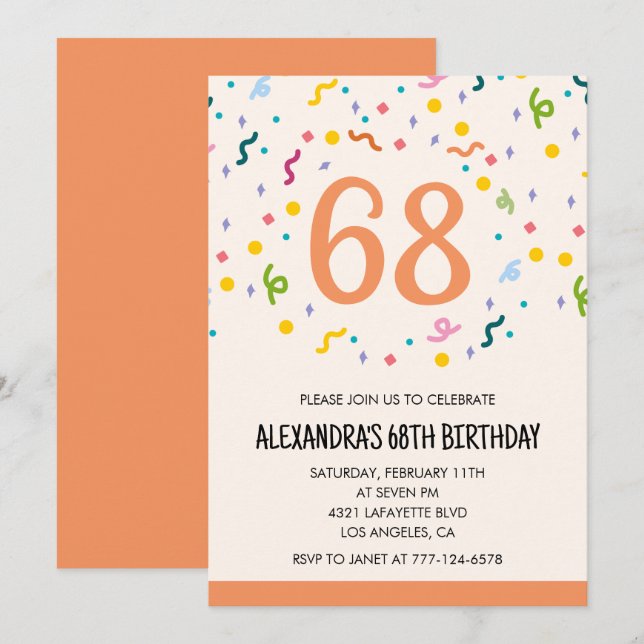 Simple Confetti 68th birthday invitations Modern (Front/Back)