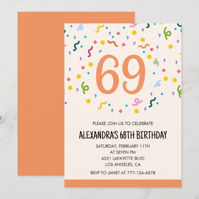 Simple Confetti 69th birthday invitations Modern (Front/Back)