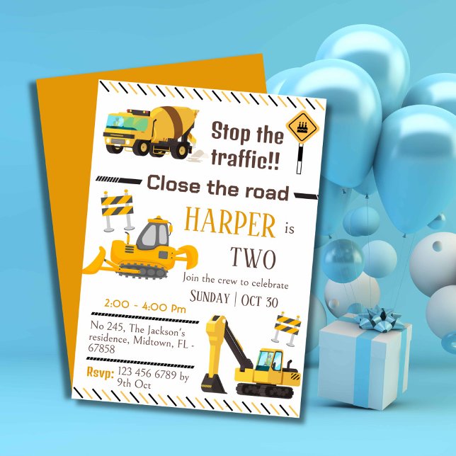 Simple construction truck kids cute 2nd birthday invitation (Creator Uploaded)