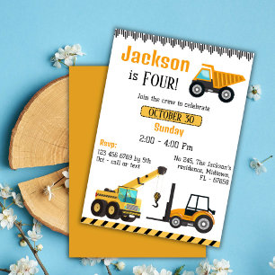 Simple construction truck kids cute 4th birthday invitation