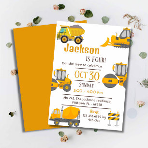Simple construction truck kids cute 4th birthday   invitation