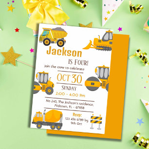 Simple construction truck kids cute 4th birthday invitation