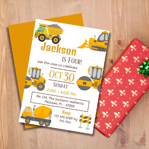 Simple construction truck kids cute 4th birthday   invitation