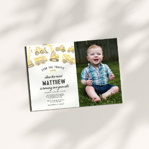 Simple Construction Truck Photo First Birthday Invitation