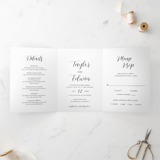 Simple Contemporary Black and White Modern Wedding Tri-Fold Invitation (Inside)