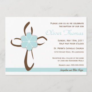 Simple Contemporary Cross with Blue Flower Invitation