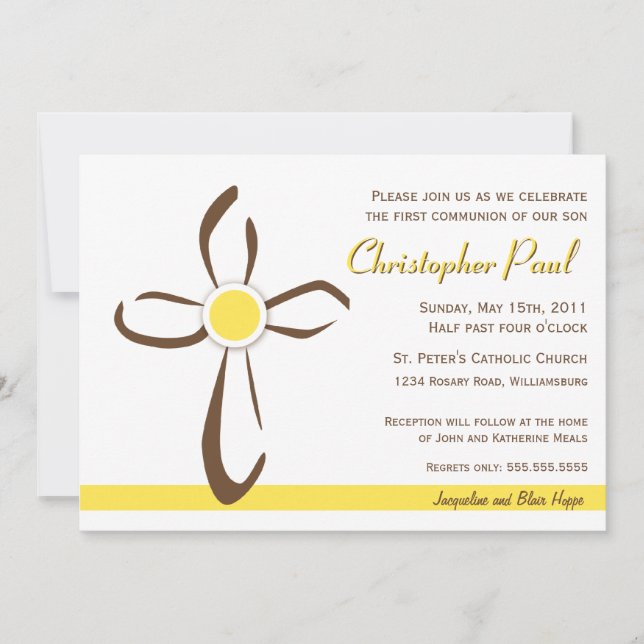 Simple Contemporary Cross with Yellow Invitation (Front)