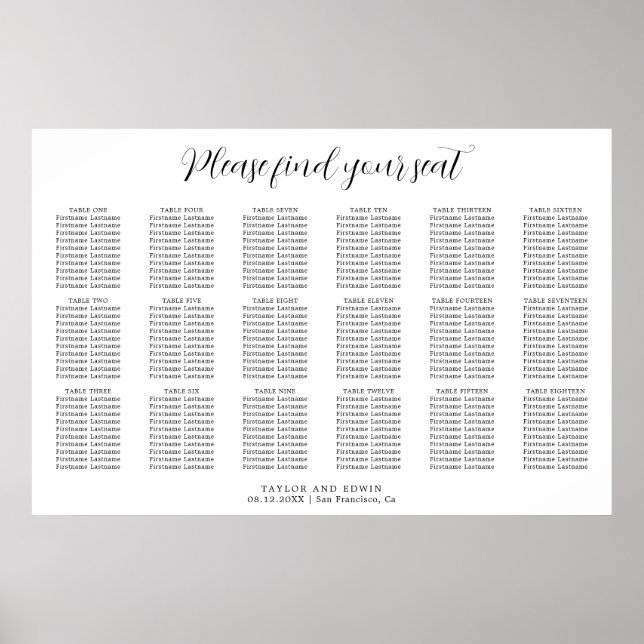 Simple Contemporary Modern Wedding Seating Chart (Front)
