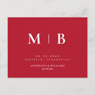 Simple Contemporary Monogram Red Save the Date  Announcement Postcard