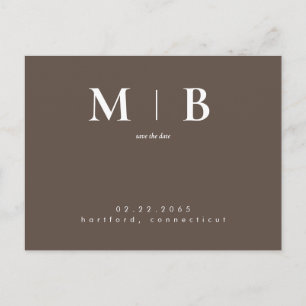 Simple Contemporary Sleek Monogram Brown Save Date Postcard