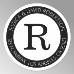 Simple Cool Black & White & Return Address Classic Round Sticker<br><div class="desc">Modern looking return address sticker. Great for weddings,  holiday invitations,  business or just to make your letters stand out.</div>