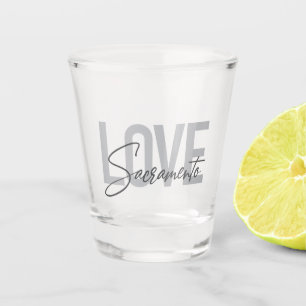 Simple, cool, modern design of Love Sacramento Shot Glass
