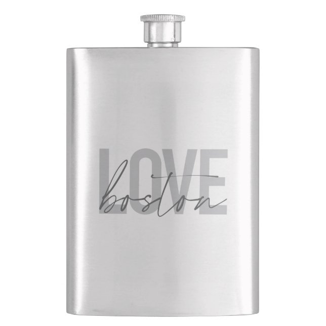 Simple, cool, modern, urban design of Love Boston Hip Flask (Front)
