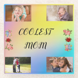 Simple Coolest Mum 4 photos Blue Pink Yellow  Glass Coaster