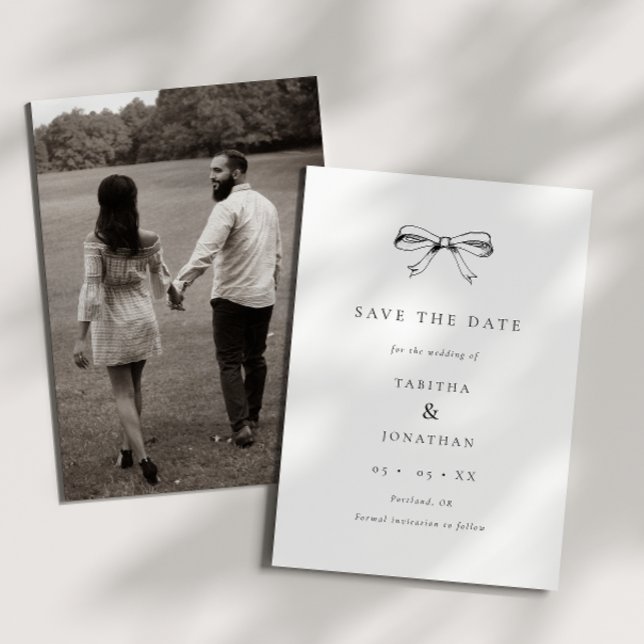 Simple Coquette Bow Black & White Photo Wedding Save The Date (Creator Uploaded)