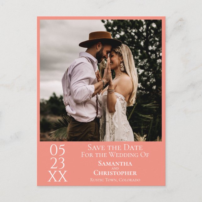 Simple Coral or Salmon Wedding Save the Date Photo Postcard (Front)