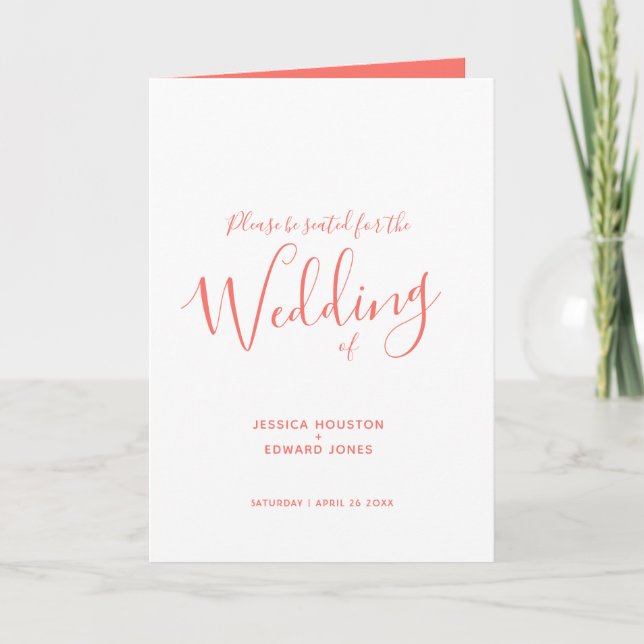 Simple coral orange white script wedding programs programme (Front)