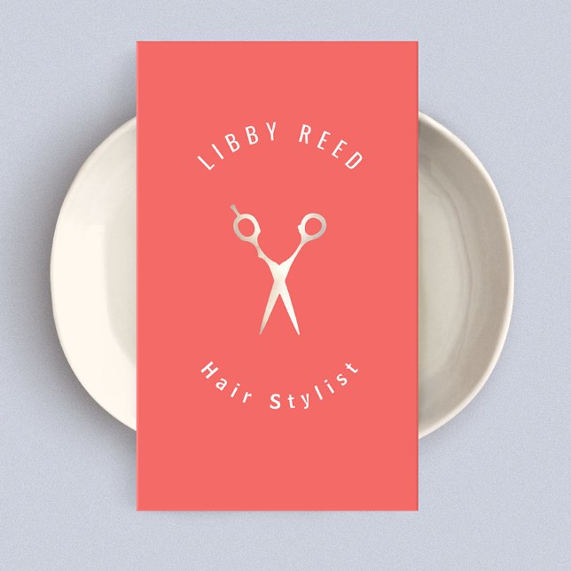 Simple Coral Peach Hairdresser Scissors Salon Business Card (Creator Uploaded)