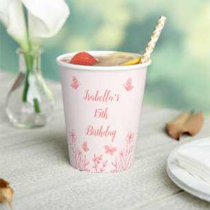 simple coral pink botanical wedding paper cups