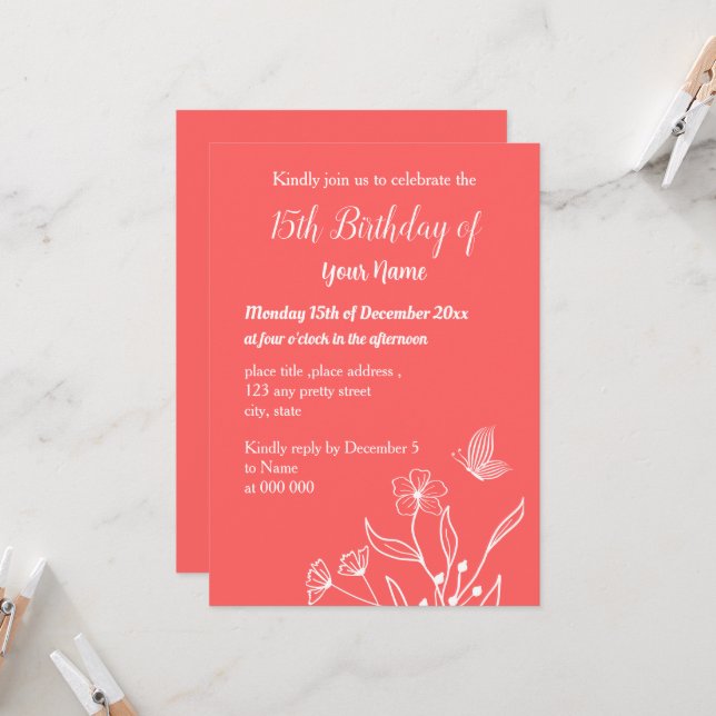 Simple coral pink floral birthday invitation (Front/Back In Situ)