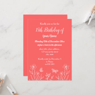 Simple coral pink floral birthday invitation