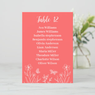 Simple coral pink floral seating chart card