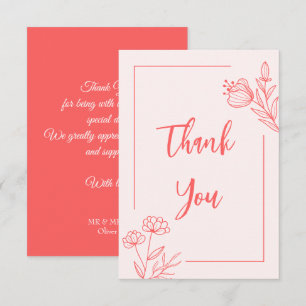 Simple coral pink floral wedding thank you card