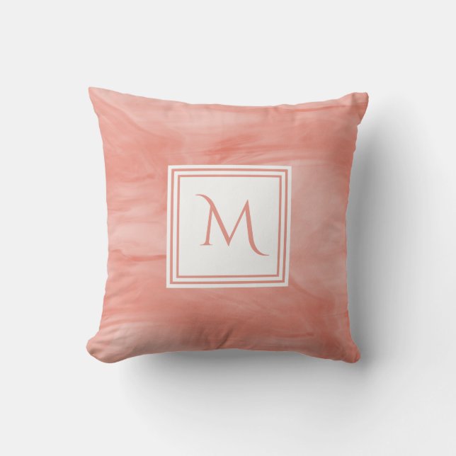 Simple Coral Pink Subtle Marble Modern Monogram Cushion (Front)