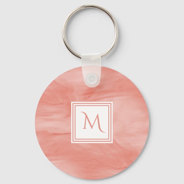 Simple Coral Pink Subtle Marble Modern Monogram Key Ring (Front)