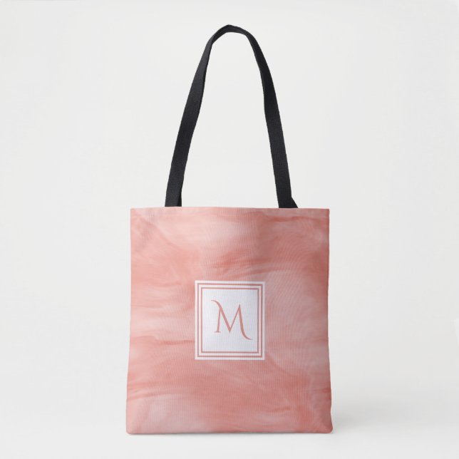 Simple Coral Pink Subtle Marble Modern Monogram Tote Bag (Front)