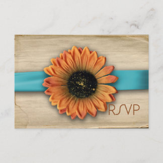 Simple Country Sunflower Wedding RSVP Aqua Blue Card