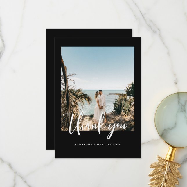 Simple Couple Photo Wedding Black Thank You Card (Front/Back In Situ)