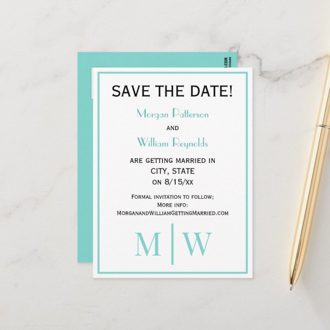 Simple Couple Wedding 2 Initial Mon VS DIY Colours Announcement Postcard (Front/Back In Situ)