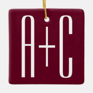 Simple Couples Initials   White & Burgundy Ceramic Ornament