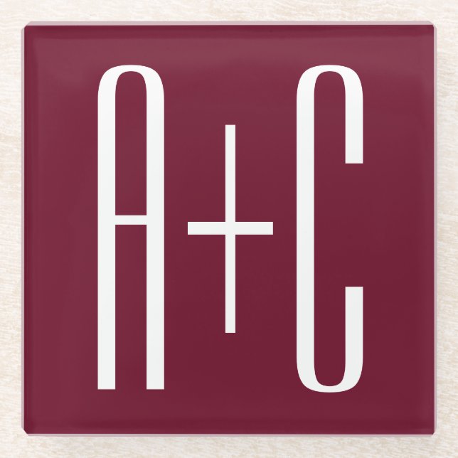 Simple Couples Initials | White & Burgundy Glass Coaster (Front)