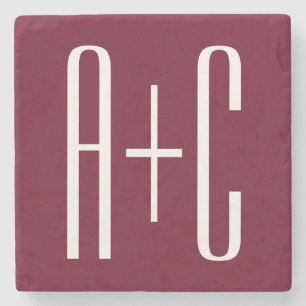 Simple Couples Initials   White & Burgundy Stone Coaster