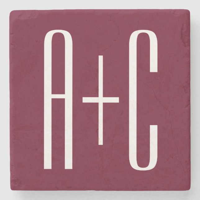 Simple Couples Initials | White & Burgundy Stone Coaster (Front)