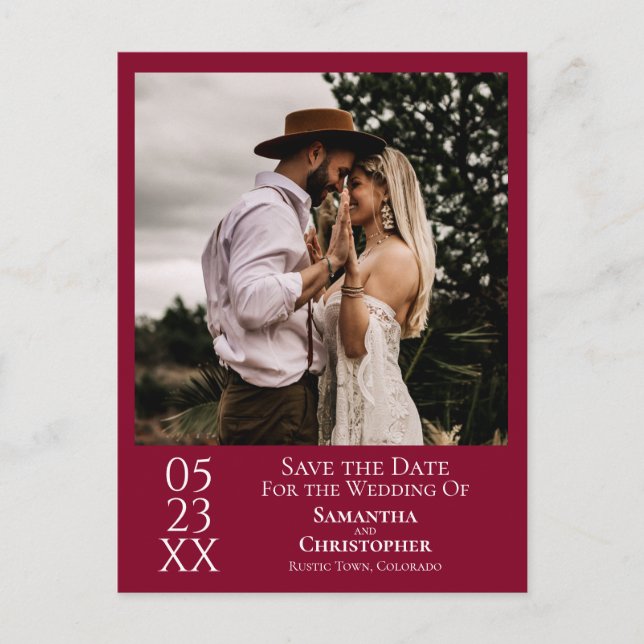 Simple Cranberry Red Wedding Save the Date Photo Postcard (Front)