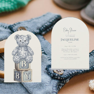 Simple Cream & Blue Teddy Bear Arch Baby Shower Invitation