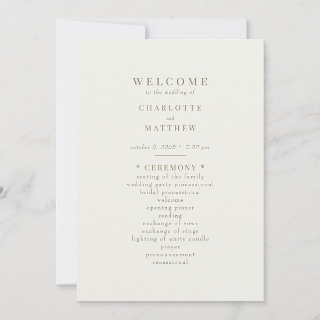 Simple Cream Gold Text Wedding Program Invitation (Front)