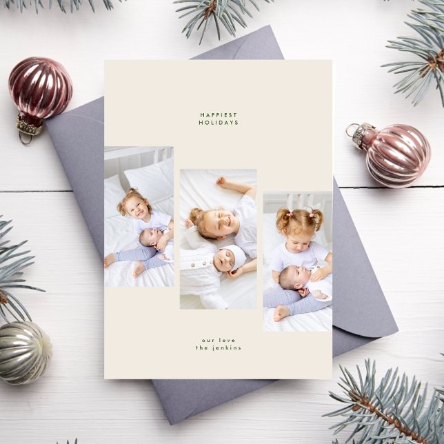 Simple Cream Minimal Christmas Green 3 Photo Frame Holiday Card (Creator Uploaded)