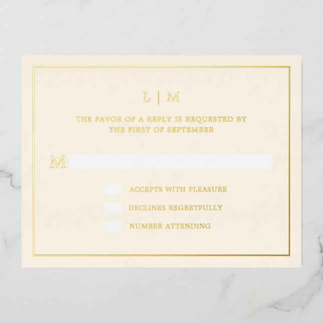 Simple Cream Monogram Elegant Wedding RSVP Foil Invitation Postcard (Front)
