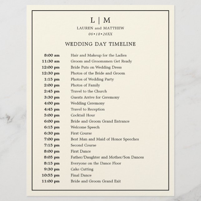 Simple Cream Monogram Elegant Wedding Timeline (Front)