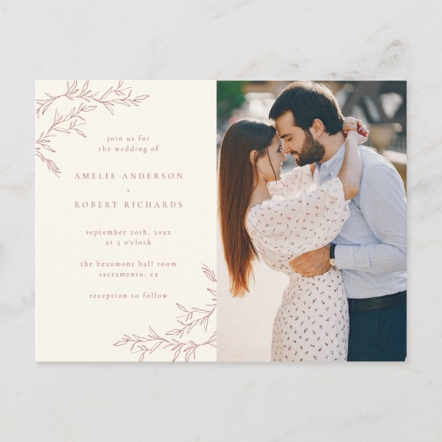 Simple Cream & Muted Red Foliage Photo Wedding Invitation Postcard (Front)