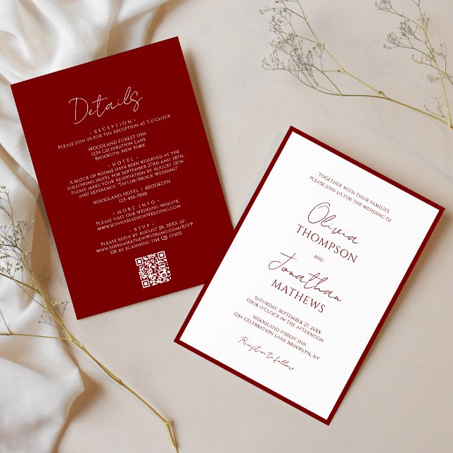 Simple Crimson Red Border Script QR Code Wedding Invitation (Creator Uploaded)